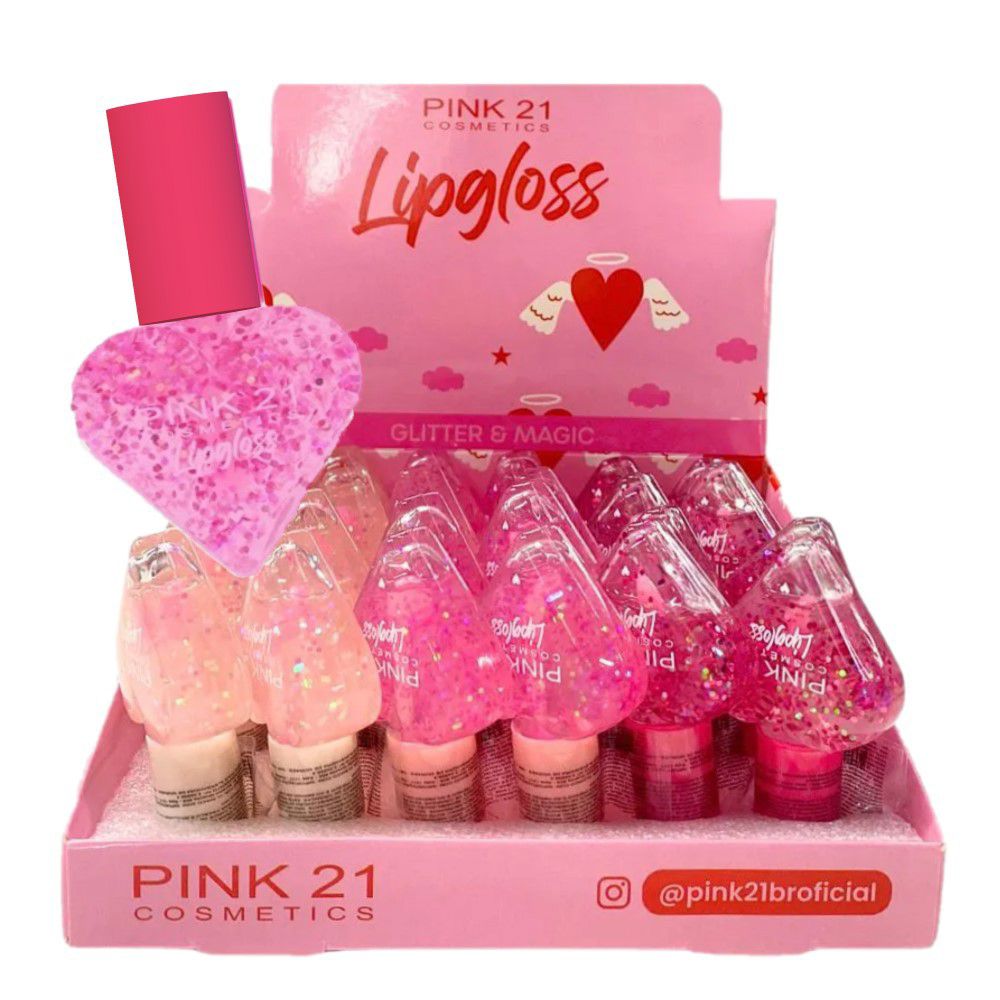Pink 21 - Lip Gloss Glitter e Magic Coração CS3947 - 24 Und
