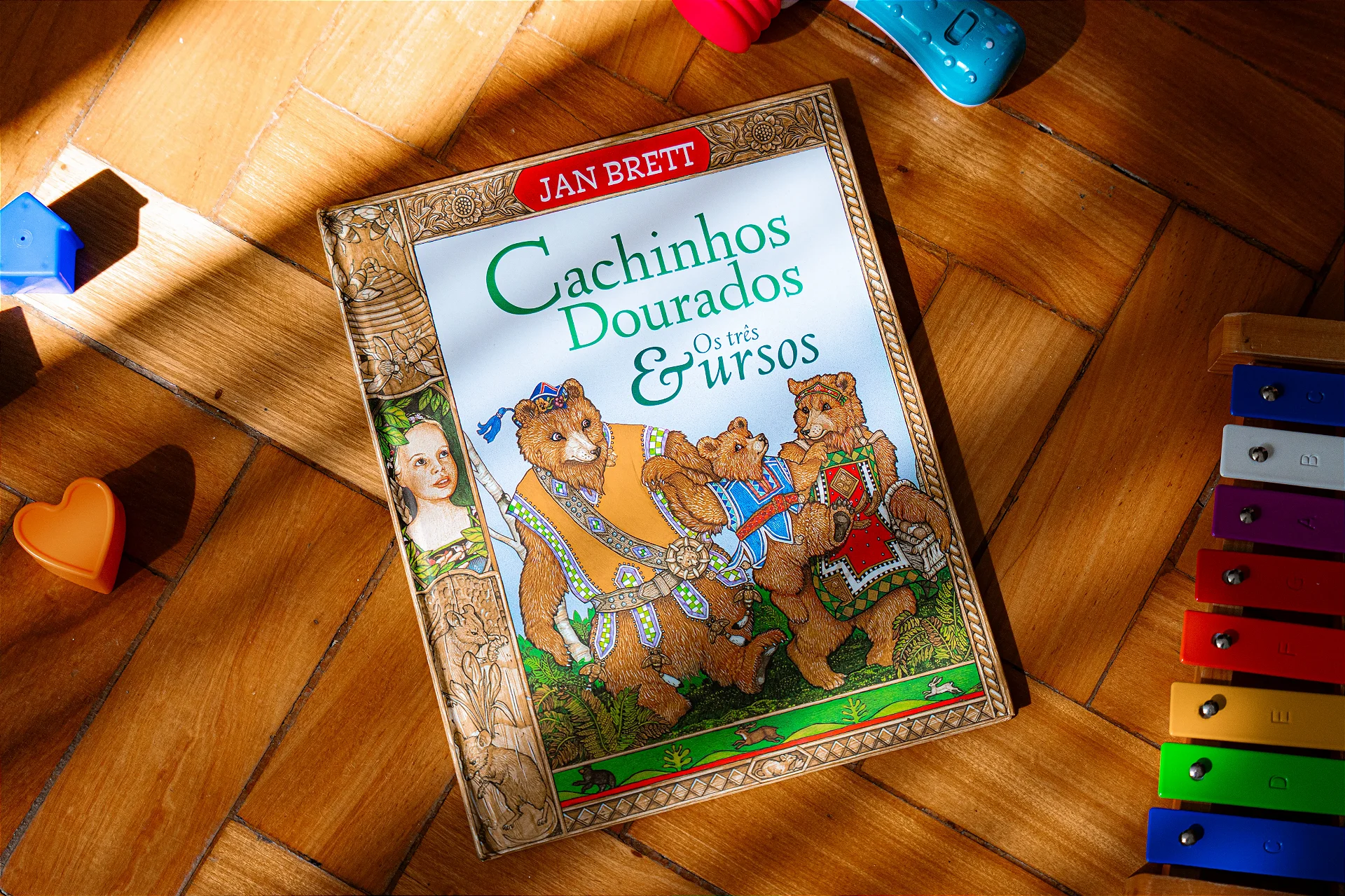 Livro sobre o piso com brinquedos ao redor