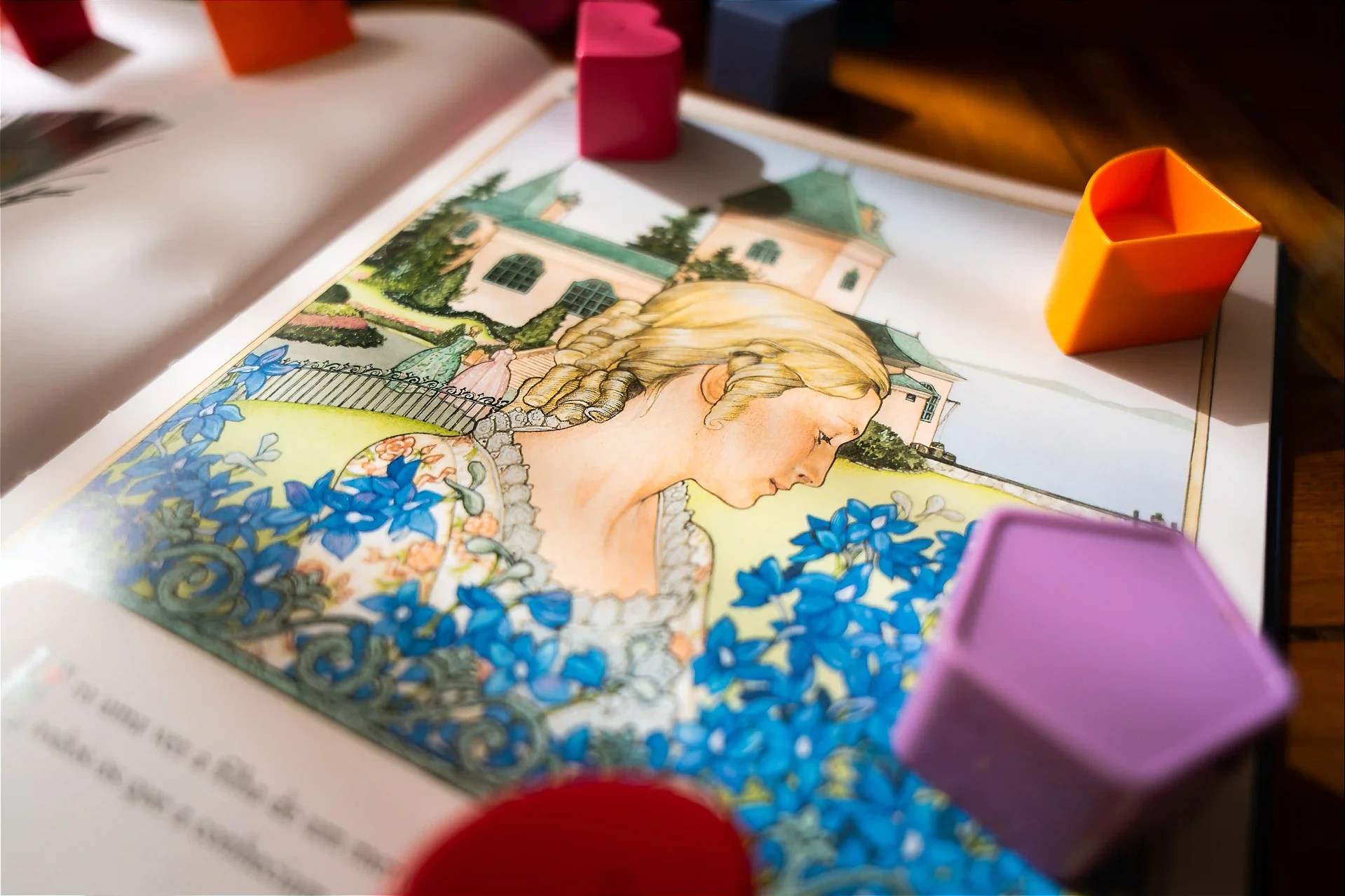 Close da ilustração de A Bela e a Fera — Bela entre flores azuis com castelo ao fundo