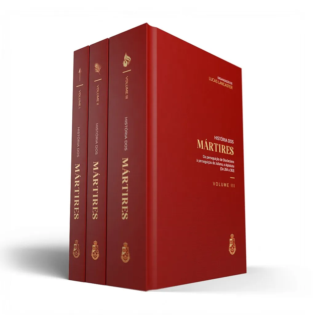 Mockup da coleção História dos Mártires em 3 tomos
