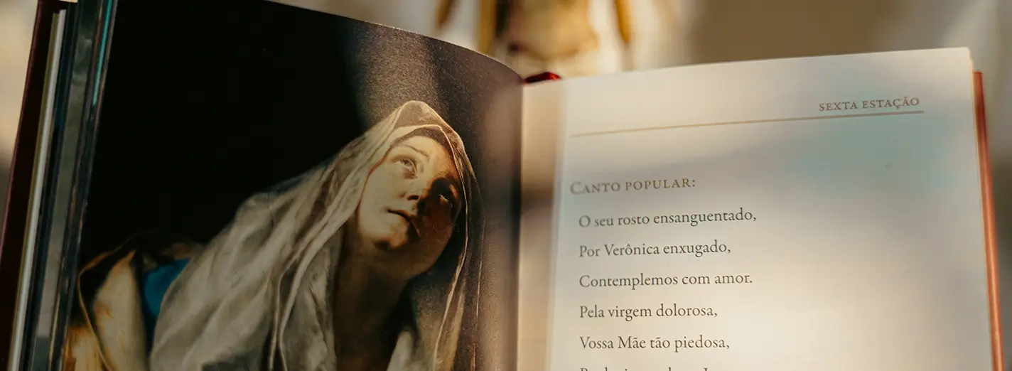 Ilustração interna do livro de Nossa Senhora com olhar piedoso para o céu