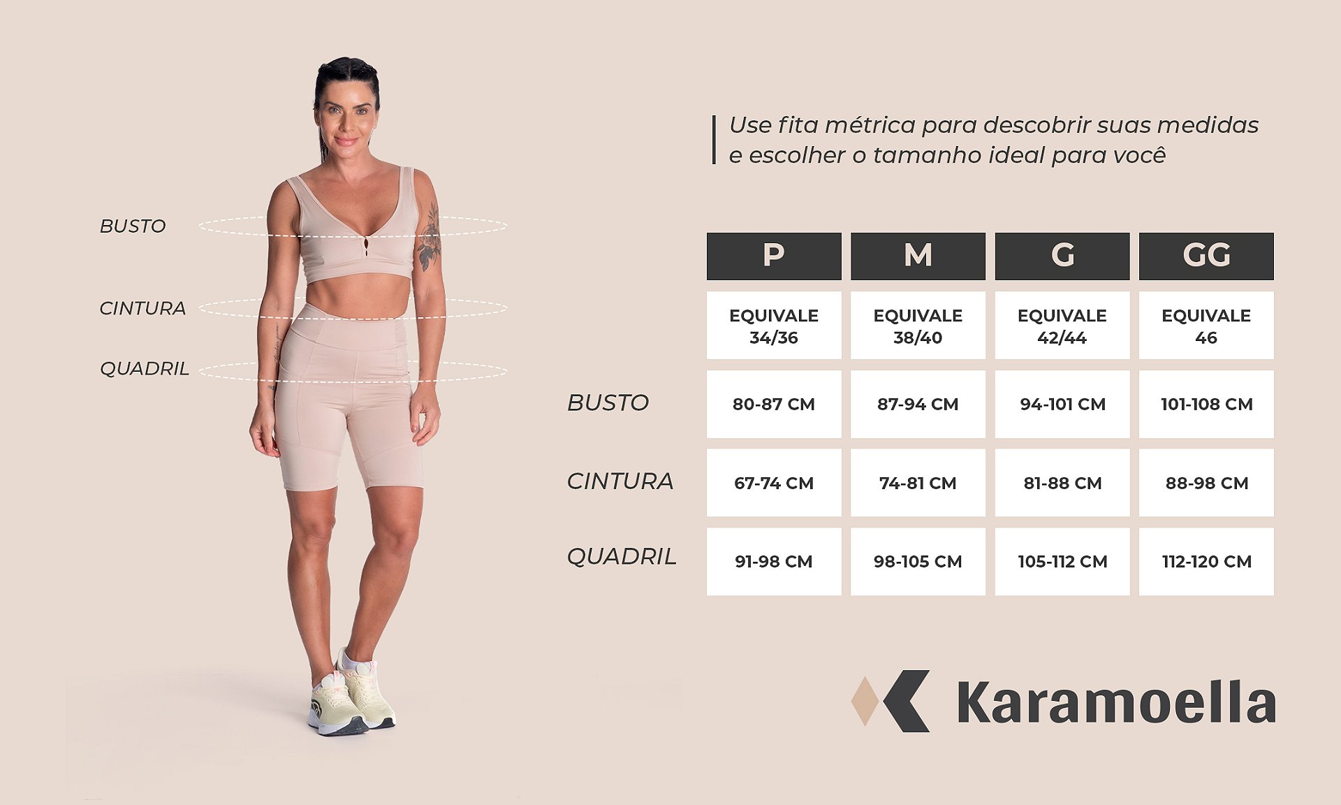 Guia de medidas moda fitness feminina Karamoella