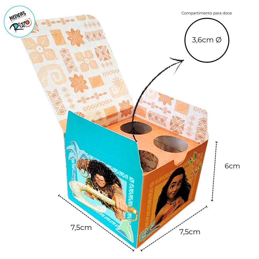 Caixa 4 Doces Quadrada - Moana - 6x7,5x7,5cm - 10 unidades