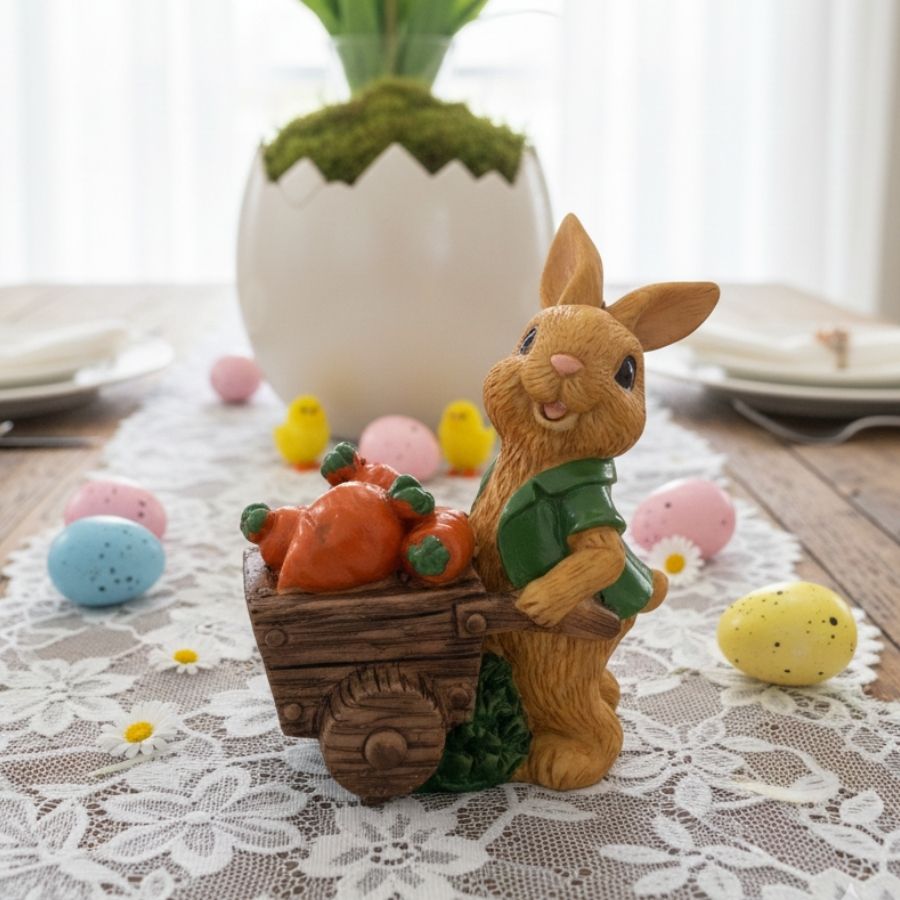 Enfeite Decorativo de Páscoa em Resina - Coelhinho com Carriola de
