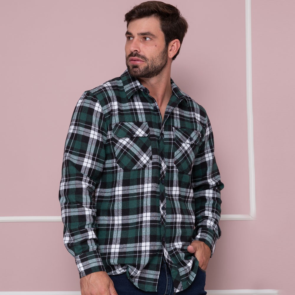 Camisa Masculina Flanelada com Bolsos Xadrez Verde Loja 021|Moda