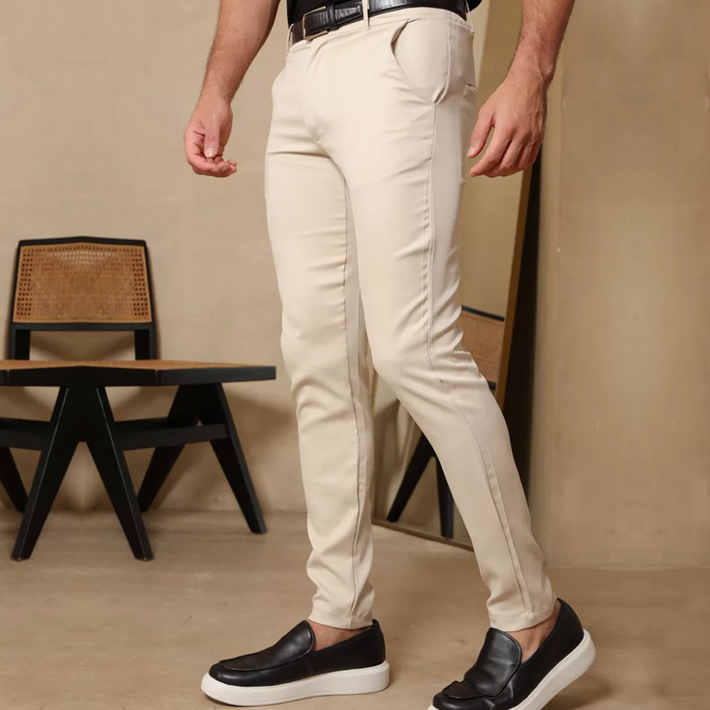 Calça Social Masculina Alfaiataria Skinny Poliéster Bege Loja