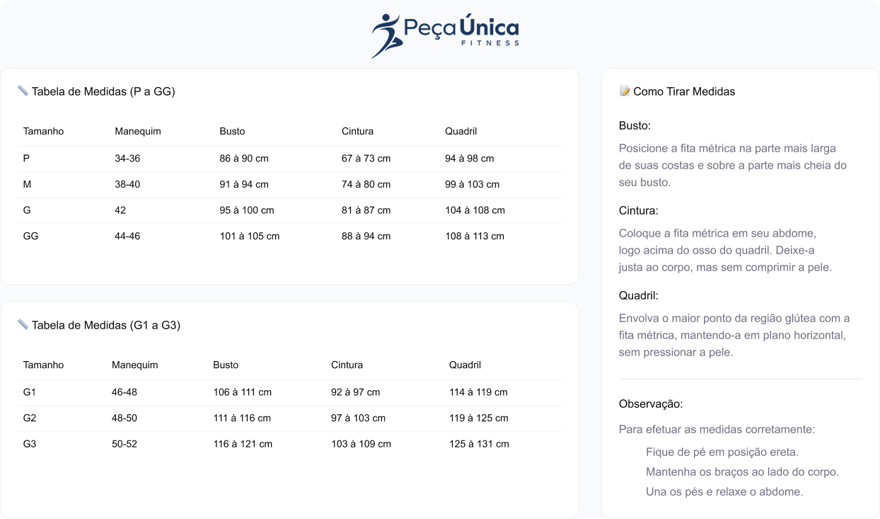 Tabela de medidas - Calça Premium