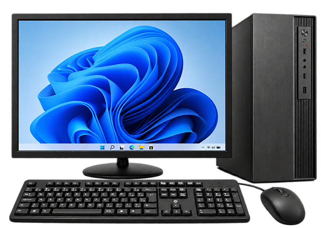 Conjunto Office da loja com Windows 11 na tela, gabinete, teclado e mouse