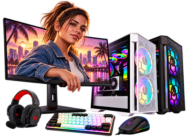 Produtos Gamer com Lucia de GTA VI saindo da tela, dois gabinetes RGB e acessórios menores