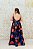 VESTIDO LONGO ZIBELINE PRETO COM ESTAMPA FLORAL VERMELHAS CORAIS E AZUIS - Imagem 2