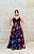 VESTIDO LONGO ZIBELINE PRETO COM ESTAMPA FLORAL VERMELHAS CORAIS E AZUIS - Imagem 7
