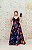 VESTIDO LONGO ZIBELINE PRETO COM ESTAMPA FLORAL VERMELHAS CORAIS E AZUIS - Imagem 4