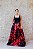 VESTIDO BUSTO PRETO E SAIA ESTAMPADA COM FOLHAS VERMELHAS - Imagem 1