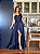 Vestido Longo Um Ombro Só com Laço e Fenda Lateral Azul Marinho - Imagem 1