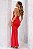 Vestido Longo Vermelho Decote Profundo Drapeado - Imagem 3