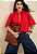 Blusa Morena Rosa Solta Gola Alta Manga Curta Padrão Vermelho - Imagem 1