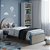 Cama Skandi Com Cabeceira Estofada - Veludo Cinza / Azul Sereno - Imagem 2