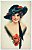 Cartão Postal Antigo Ilustrado  - Jovem Mulher Usando Chapéu com Flores Vermelhas - Imagem 1