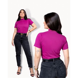 T-shirt Promoção Blusa Feminina Basic 100% Algodão Lisa estonada Sem Estampa Gola Alta Tshirt - Imagem 6