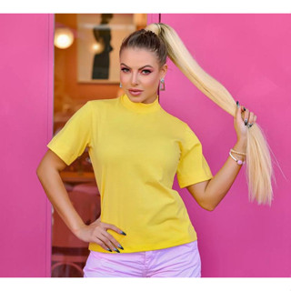 T-shirt Promoção Blusa Feminina Basic 100% Algodão Lisa estonada Sem Estampa Gola Alta Tshirt - Imagem 12