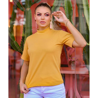 T-shirt Promoção Blusa Feminina Basic 100% Algodão Lisa estonada Sem Estampa Gola Alta Tshirt - Imagem 11