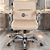 Cadeira Original Eames Diretor com Rodinhas Cromadas e Anti Risco Linha Capa em Madeira Escura Bege - Imagem 1