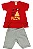 CONJUNTO MENINA BLUSINHA VERMELHA MANGA CURTA  C/ BABADINHO  SILK PIZZA C/ BERMUDA CINZA  - TAMANHO 1 AO 8 - Imagem 1