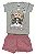 CONJUNTO MENINA BLUSINHA CINZA MANGA CURTA  C/  SILK GATINHO E CACHORRO C/ SHORTS ROSA - TAMANHO 1 AO 8 - Imagem 1