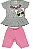 CONJUNTO MENINA BLUSINHA  CINZA MANGA CURTA  C/ BABADINHO SILK COELHO C/ ÓCULOS  C/ BERMUDA ROSA  - TAMANHO 1 AO 8 - Imagem 1