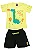 CONJUNTO MENINO CAMISETA AMARELA SILK DE DINOSAURO VERDE  C/ BERMUDA PRETA - TAMANHO 1 AO 8 - Imagem 1