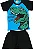 CONJUNTO MENINO CAMISETA AZUL/PRETA C/ SILK DINOUSAURO C/ BERMUDA PRETA- TAMANHO 1 AO 8 - Imagem 1
