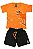 CONJUNTO MENINO CAMISETA LARANJA SILK DE DINOSSAURO  C/ BERMUDA PRETA  - TAMANHO 1 AO 8 - Imagem 1