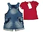 CONJUNTO JARDINEIRA FEM JEANS ANNA 2256  COM BODY VERMELHO TAMANHOS P AO 1 - Imagem 3