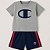 Conjunto Champion Infantil – Camiseta Cinza Logo e Bermuda Azul com Faixa Vermelha - Imagem 1