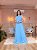 VESTIDO LONGO CREPE DE SEDA SAIA PLISSADA GOLA ALTA AZUL SERENITY AR - Imagem 1