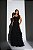 VESTIDO LONGO MICROTULE C/ GLITTER TOMARA QUE CAIA COM AMARRAÇÃO SAIA COM BABADOS PRETO - Imagem 1