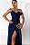 VESTIDO LONGO ACETINADO ESTILO CORPETE BUSTO ESTRUTURADO FENDA LATERAL AZUL MARINHO LA - Imagem 3