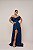VESTIDO LONGO ACETINADO OMBRO A OMBRO BUSTO DRAPEADO BABADO COM FENDA AZUL MARINHO - Imagem 1