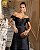VESTIDO LONGO ZIBELINE  OMBRO A OMBRO DECOTE ESTRUTURADO SAIA SOBREPOSIÇÃO E RECORTE ASSIMÉTRICO PRETO - Imagem 1
