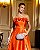 VESTIDO LONGO ZIBELINE GLOSS DETALHE FLOR  NO DECOTE ACINTURADO LARANJA - Imagem 1