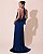 VESTIDO LONGO SEDA GOLA ALTA COM DRAPEADO DETALHE NA CINTURA COM  BABADO AZUL ROYAL - Imagem 2