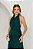VESTIDO LONGO CREPE DE SEDA GOLA AMARRAÇÃO CINTURA E QUADRIL DRAPEADO FENDA FRENTE VERDE ESMERALDA - Imagem 1