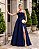 VESTIDO LONGO ZIBELINE GLOSS DETALHE FLOR  NO DECOTE ACINTURADO AZUL MARINHO - Imagem 1