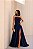 VESTIDO LONGO CHIFFON SEM ALÇA BUSTO CORSET C/ DECOTE CANOA DETALHE DRAPEADO CINTURA AZUL MARINHO - Imagem 1