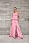 VESTIDO LONGO CETIM BUSTO CORSET DETALHE PEPLUM NA CINTURA FENDA FRENTE ROSA BEBÊ - Imagem 1