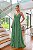 VESTIDO LONGO CHIFFON DECOTE V PALA DRAPEADA DIAGONAL BABADOS VERTICAIS FRENTE VERDE OLIVA - Imagem 1