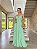 VESTIDO LONGO CHIFFON DECOTE V PALA DRAPEADA DIAGONAL BABADOS VERTICAIS FRENTE VERDE MENTA - Imagem 1