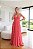 VESTIDO LONGO CHIFFON DECOTE V PALA DRAPEADA DIAGONAL BABADOS VERTICAIS FRENTE LARANJA - Imagem 1