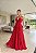 VESTIDO LONGO CHIFFON DECOTE V PALA DRAPEADA DIAGONAL BABADOS VERTICAIS FRENTE VERMELHO - Imagem 1