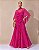 VESTIDO LONGO CHIFFON DECOTE V ALÇA FINA BUSTO DRAPEADO C/ DETALHE BABADOS VERTICAL FUCSIA - Imagem 1
